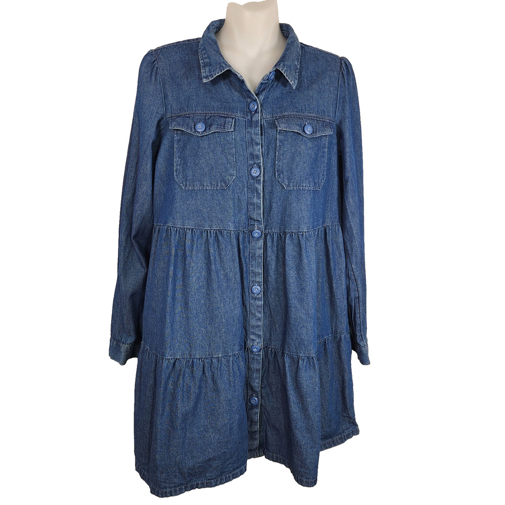 American Eagle Babydoll Dress Small Tiered Cotton Blue Button Denim Western Boho